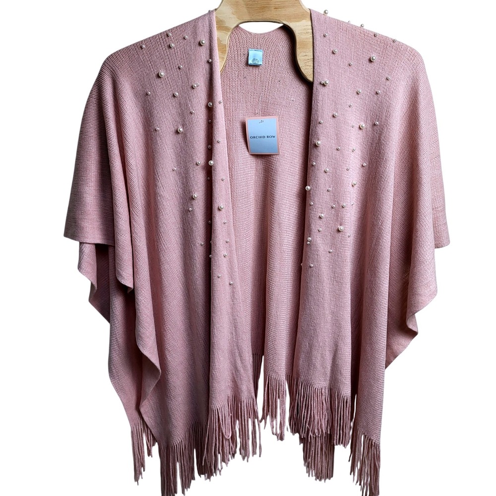 Orchid‎ Row Pink Pearl Embellished Fringe Hem Acrylic Open Front Poncho Cape